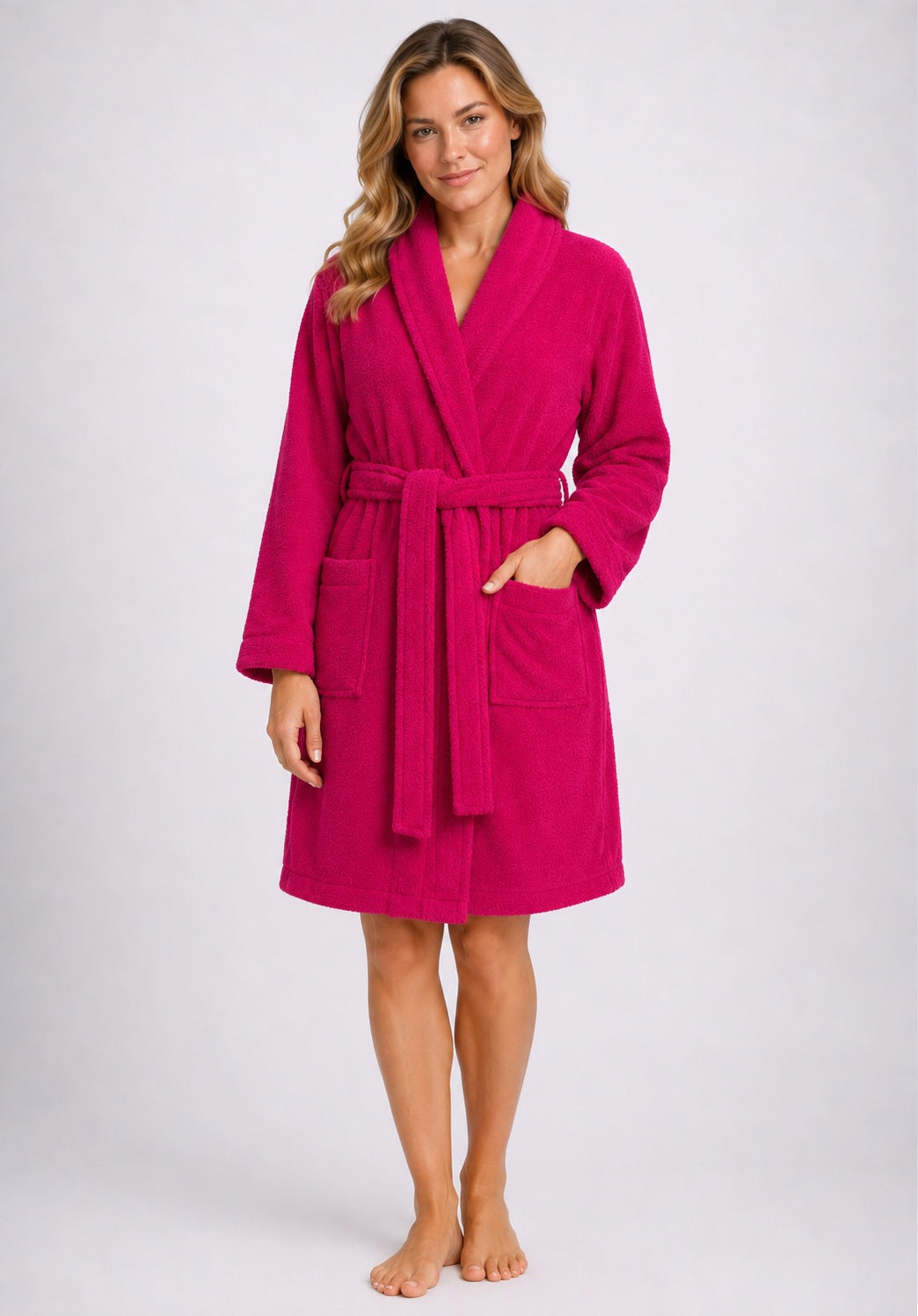 Terry Towelling Bathrobe Cotton Shawl Collar Dressing Gown, Fuchsia