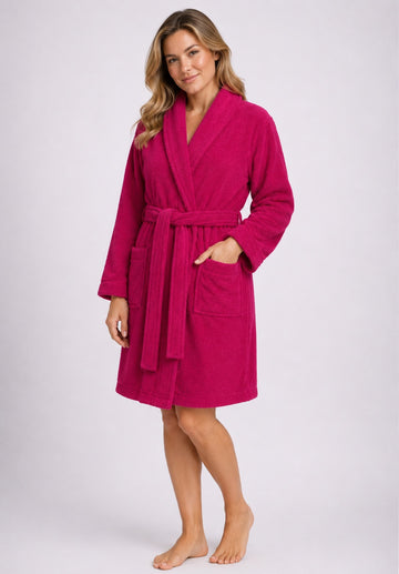 Terry Towelling Bathrobe Cotton Shawl Collar Dressing Gown, Fuchsia