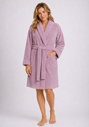 Terry Towelling Bathrobe Cotton Shawl Collar Dressing Gown, Lilac