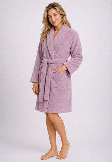 Terry Towelling Bathrobe Cotton Shawl Collar Dressing Gown, Lilac