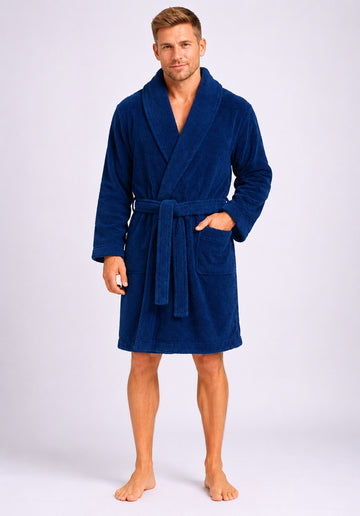 Terry Towelling Bathrobe Cotton Shawl Collar Dressing Gown, Navy Blue