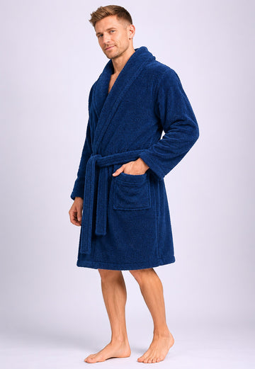 Terry Towelling Bathrobe Cotton Shawl Collar Dressing Gown, Navy Blue