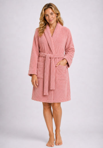 Terry Towelling Bathrobe Cotton Shawl Collar Dressing Gown, Pink