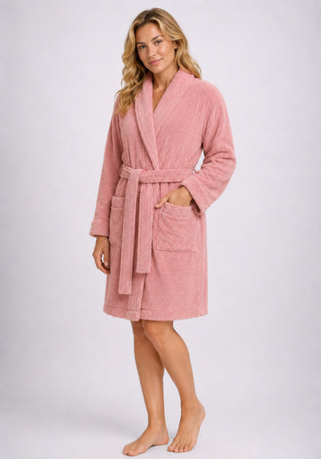 Terry Towelling Bathrobe Cotton Shawl Collar Dressing Gown, Pink
