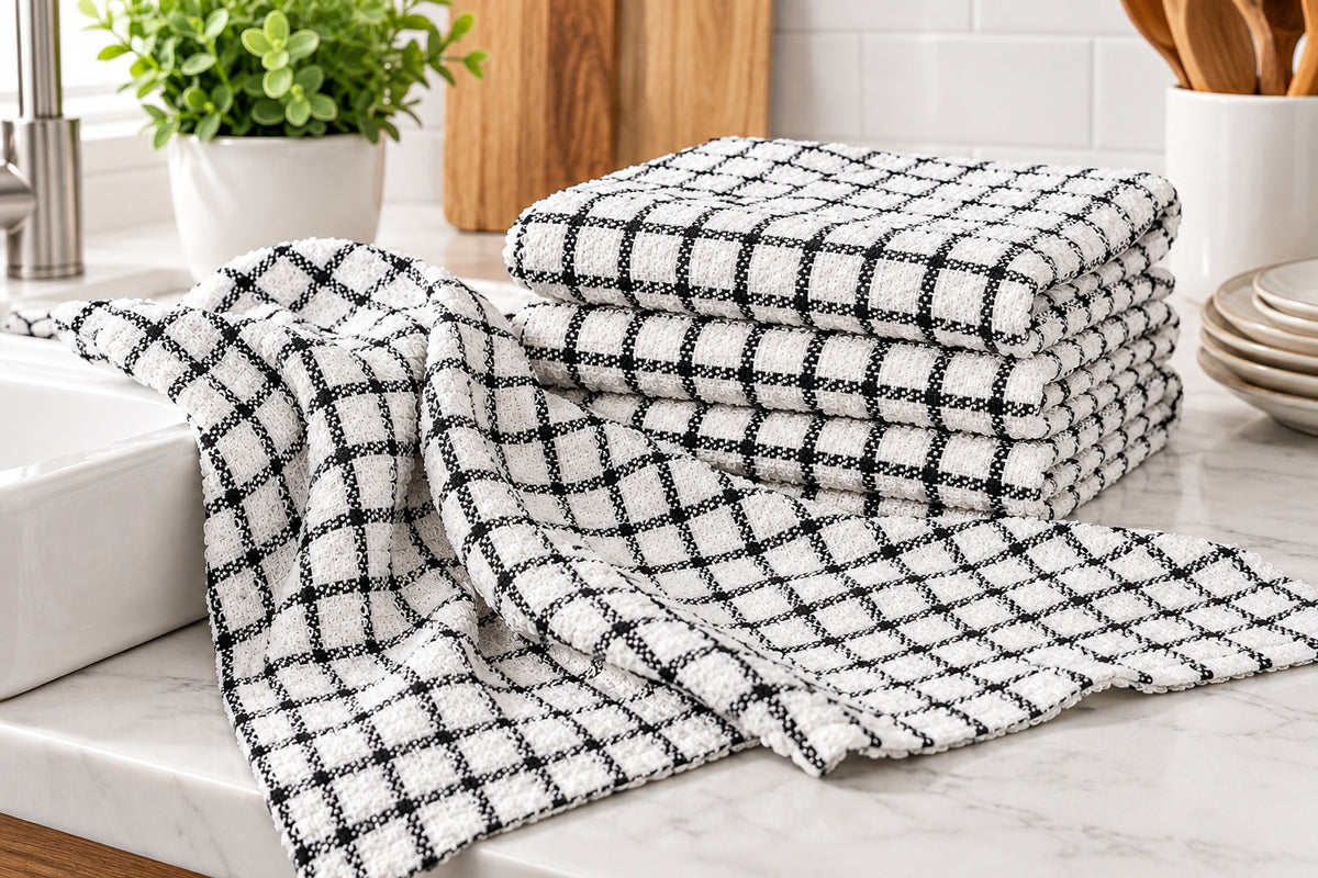5pk Mono Check Large Tea Towel - Black