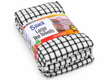 5pk Mono Check Large Tea Towel - Black