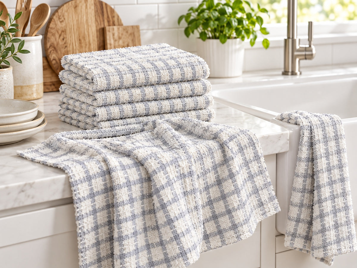 5pk Mono Check Large Tea Towel - Grey