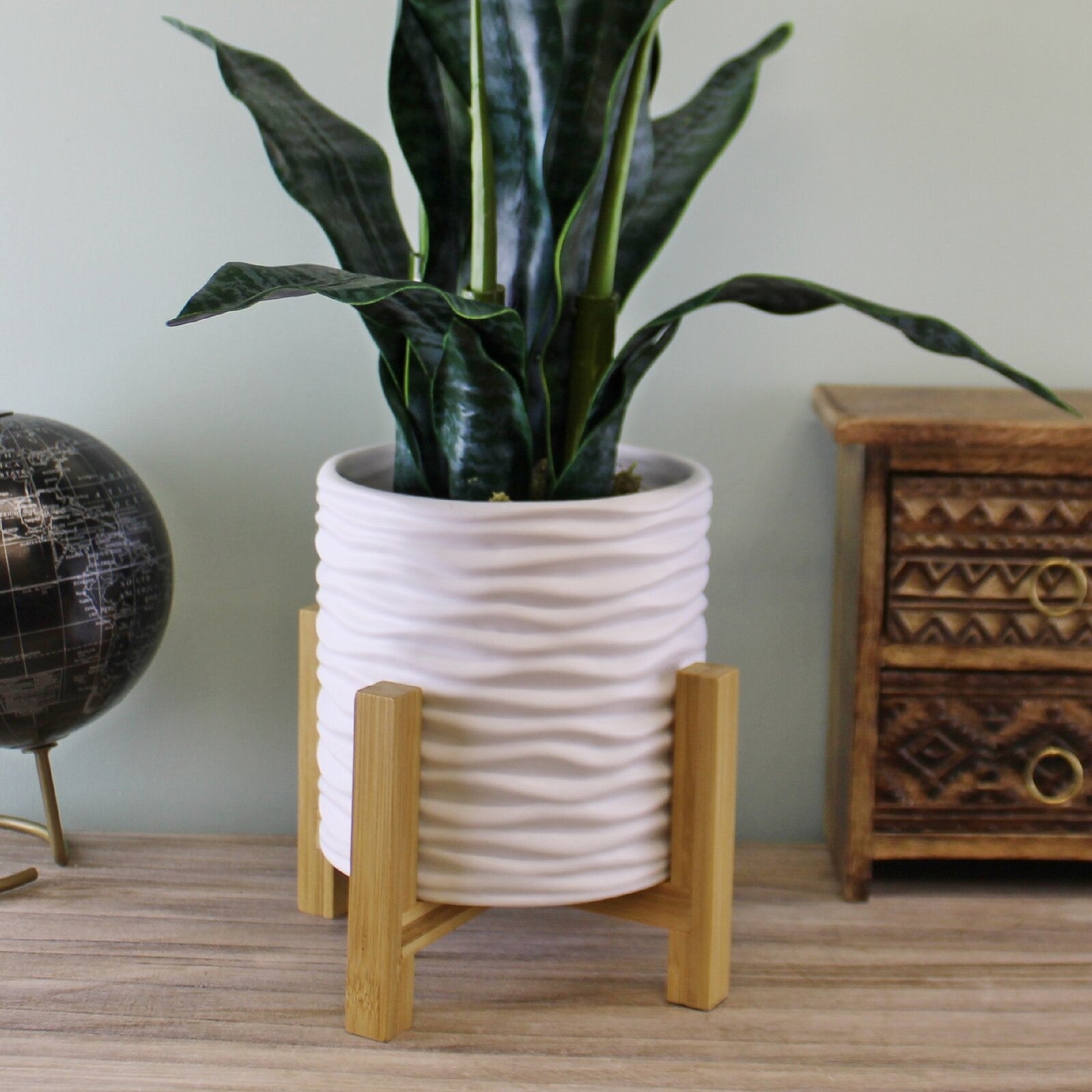 Small White Planter Stoneware With Wooden Stand