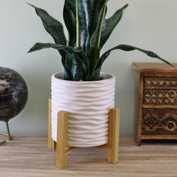 Small White Planter Stoneware With Wooden Stand