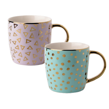 Set of 2 10oz Gold Dots & Triangle Porcelain Mugs