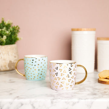 Set of 2 10oz Gold Dots & Triangle Porcelain Mugs