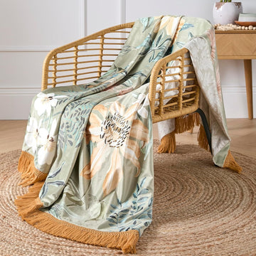 Foliage Delicate Floral Velvet Sofa Bed Throw 130x180cm Gold & Green