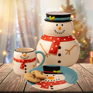Christmas Snowman Ceramic Mug Cookie Jar & Dessert Plate