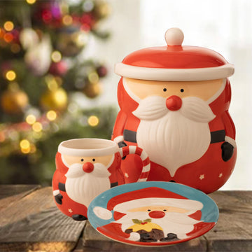 Father Christmas Ceramic Mug Cookie Jar & Dessert Plate Set