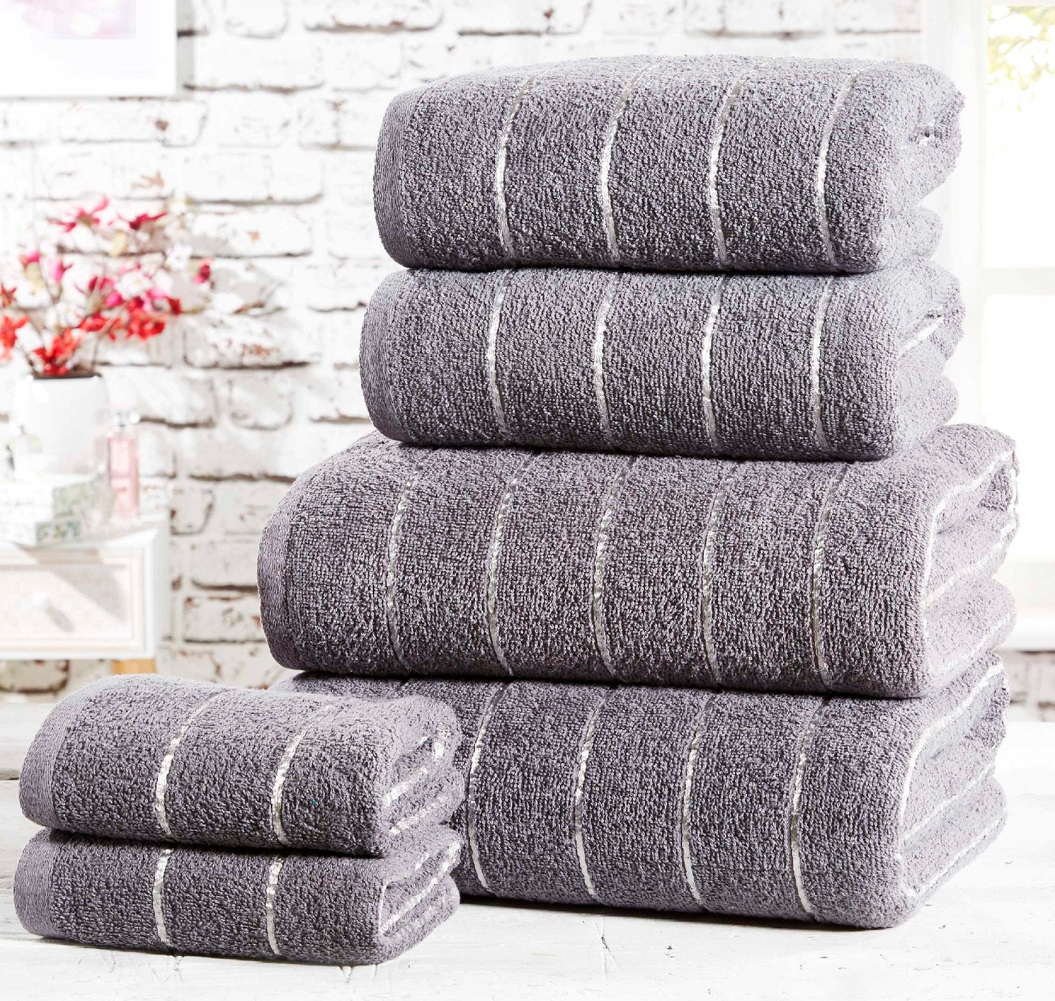 10pc Stripe Towel Set Metallic Lurex Charcoal Grey & Silver