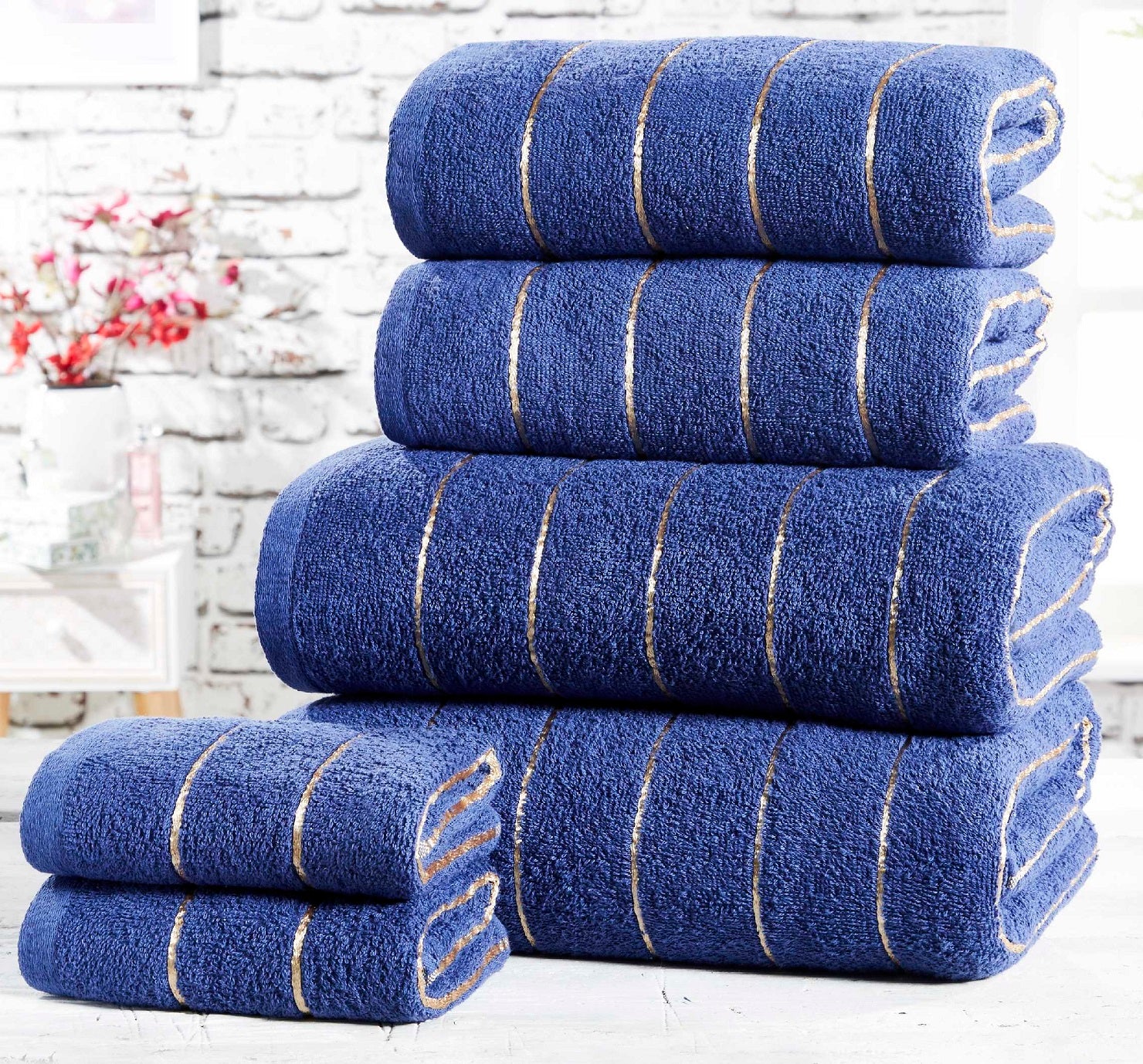 8pc Stripe Towel Set Metallic Lurex Navy Blue & Gold
