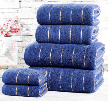 8pc Stripe Towel Set Metallic Lurex Navy Blue & Gold