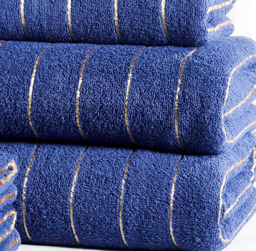 10pc Stripe Towel Set Metallic Lurex Navy Blue & Gold