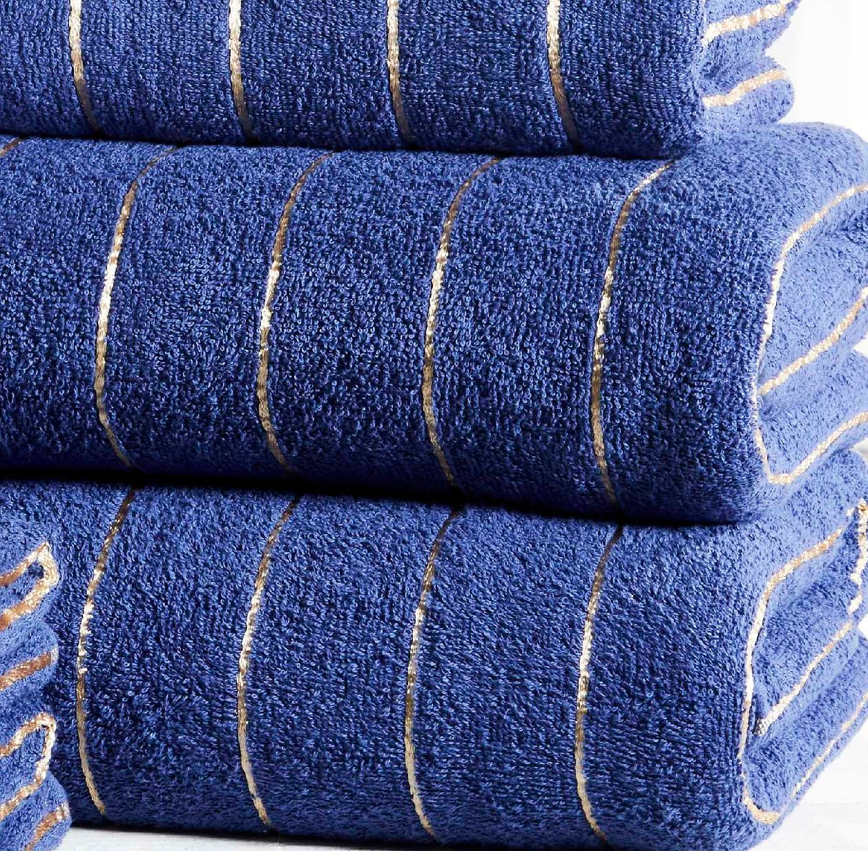 2pcs Metallic Lurex Stripe Face Cloths Towel 100% Cotton - Navy Blue & Gold