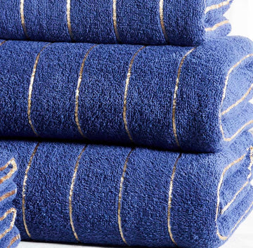 2pcs Metallic Lurex Stripe Face Cloths Towel 100% Cotton - Navy Blue & Gold