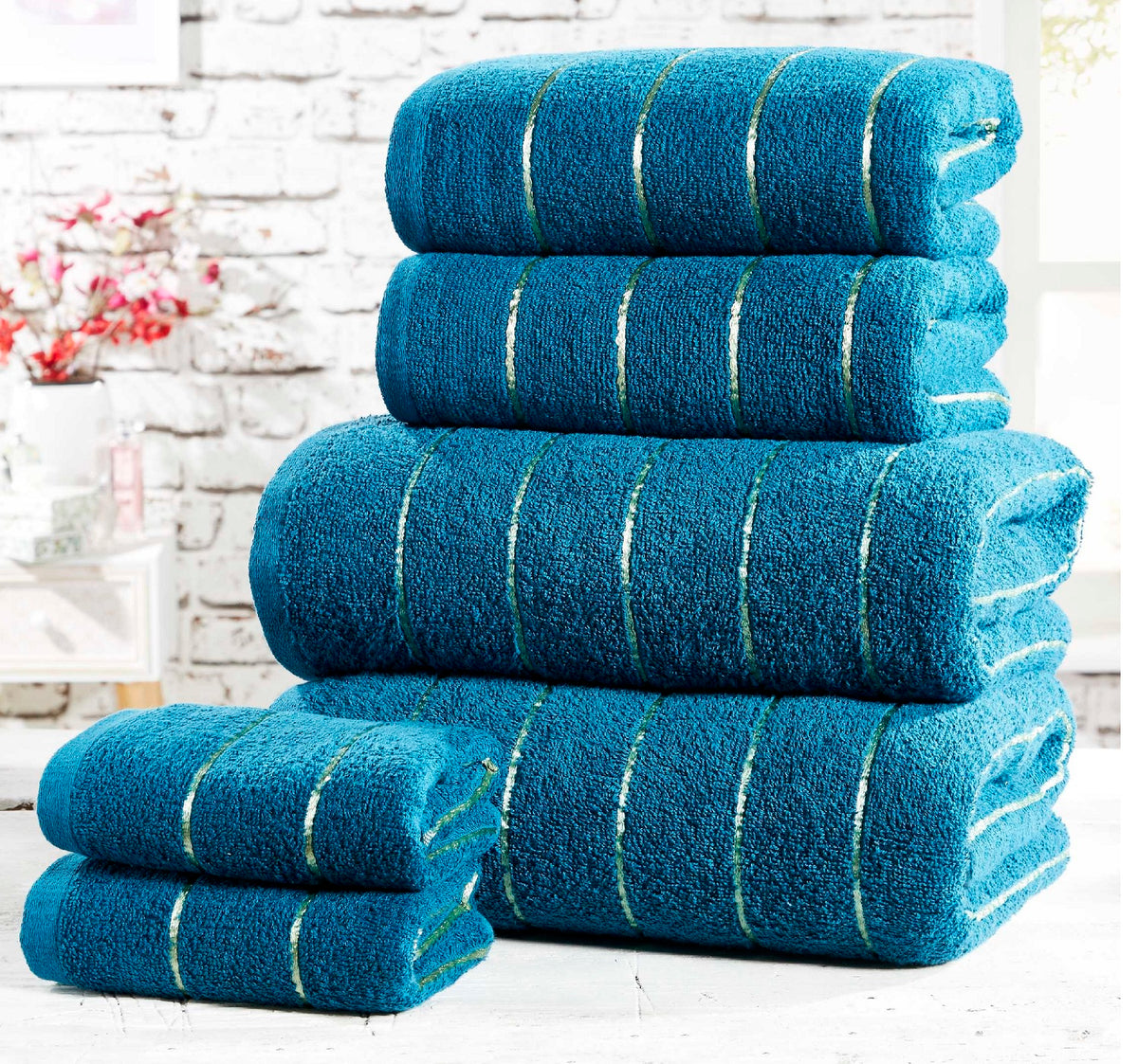 6pcs Stripe Towel Set Metallic Lurex Teal & Gold