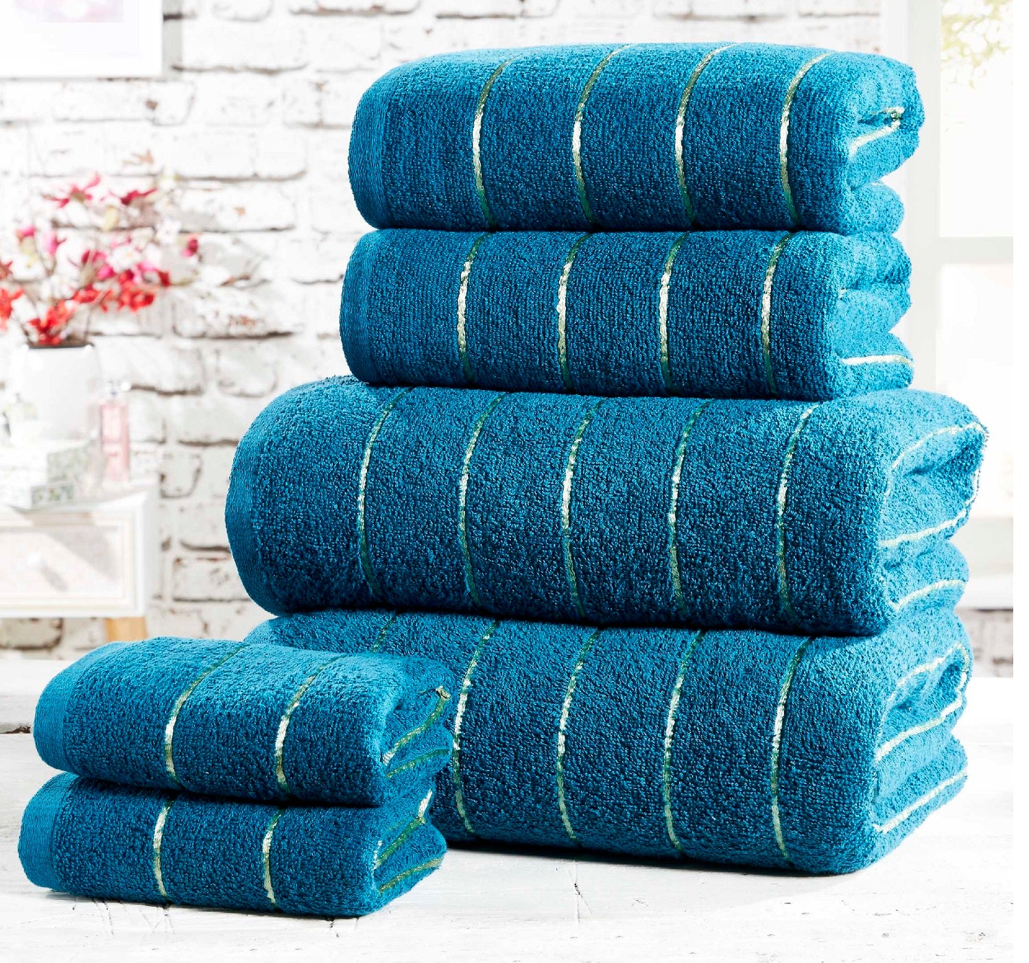6pcs Stripe Towel Set Metallic Lurex Teal & Gold