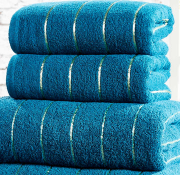 2pcs Stripe Towel Set Metallic Lurex Teal & Gold