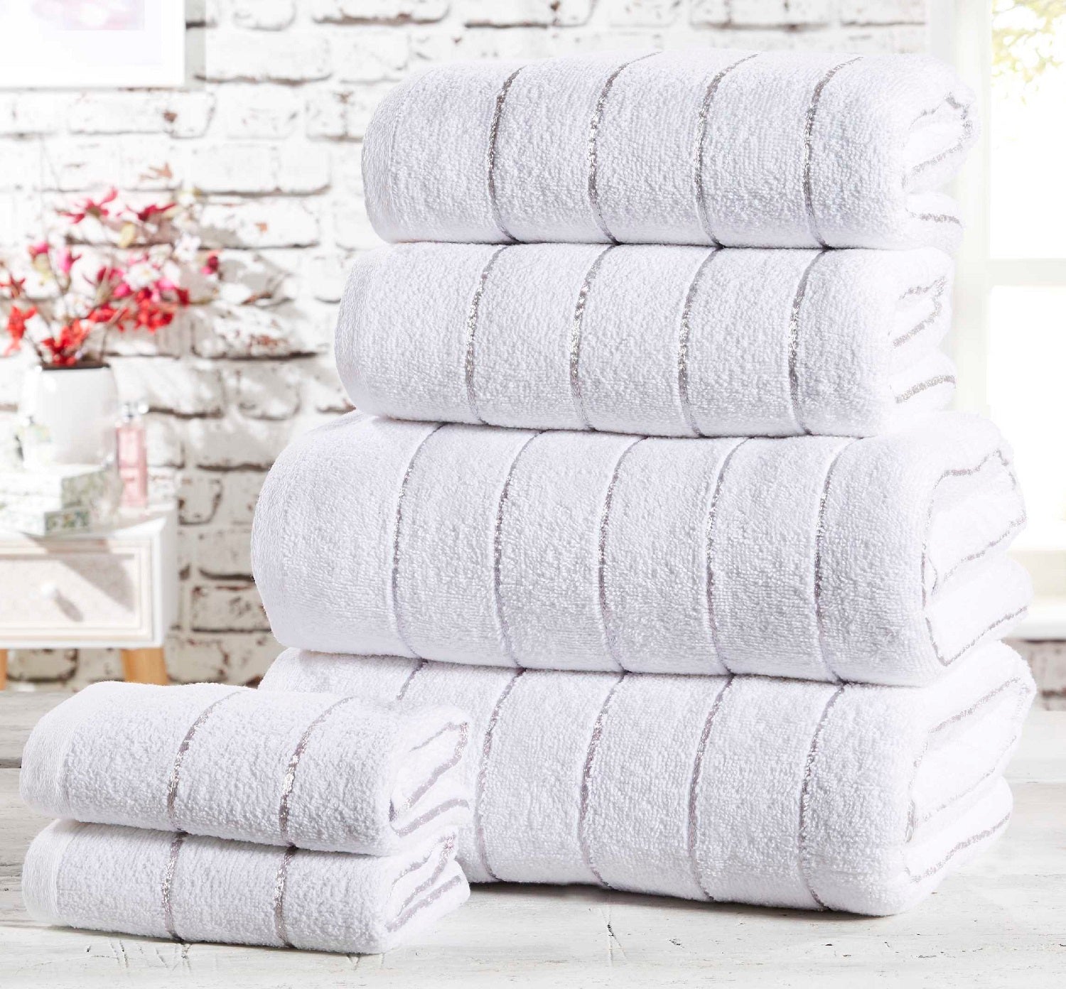 6pc Stripe Towel Set Metallic Lurex White & Silver