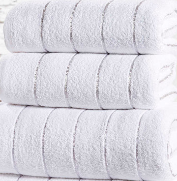 2pc Stripe Towel Set Metallic Lurex White & Silver