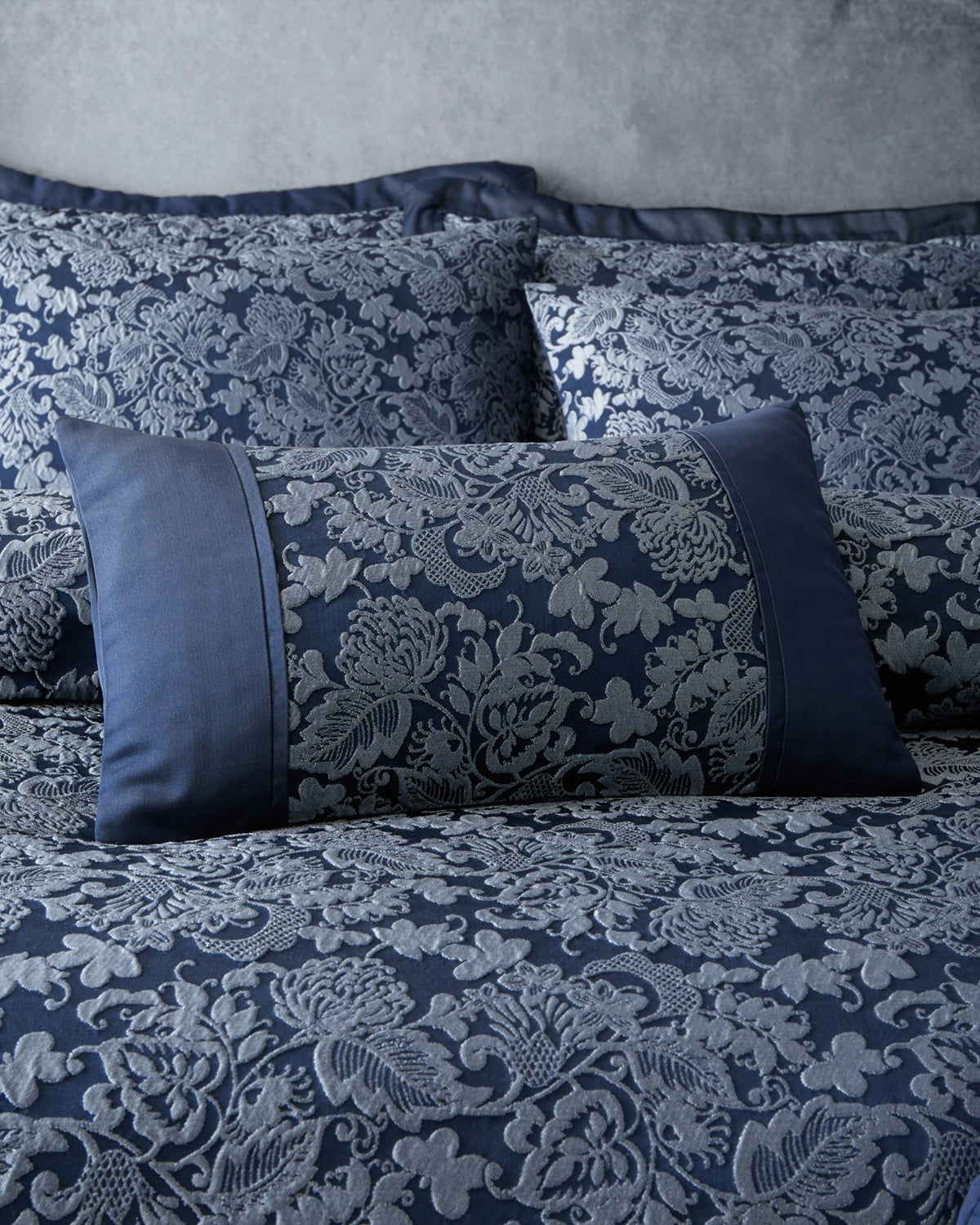 Jacquard Damask Floral Boudoir Filled Bed Cushion, Navy Blue