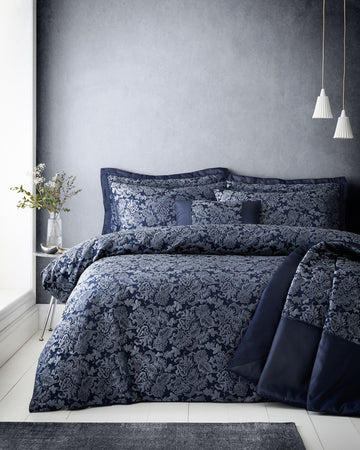 Jacquard Damask Floral Quilted Bedspread + Pillowshams Set Navy Blue