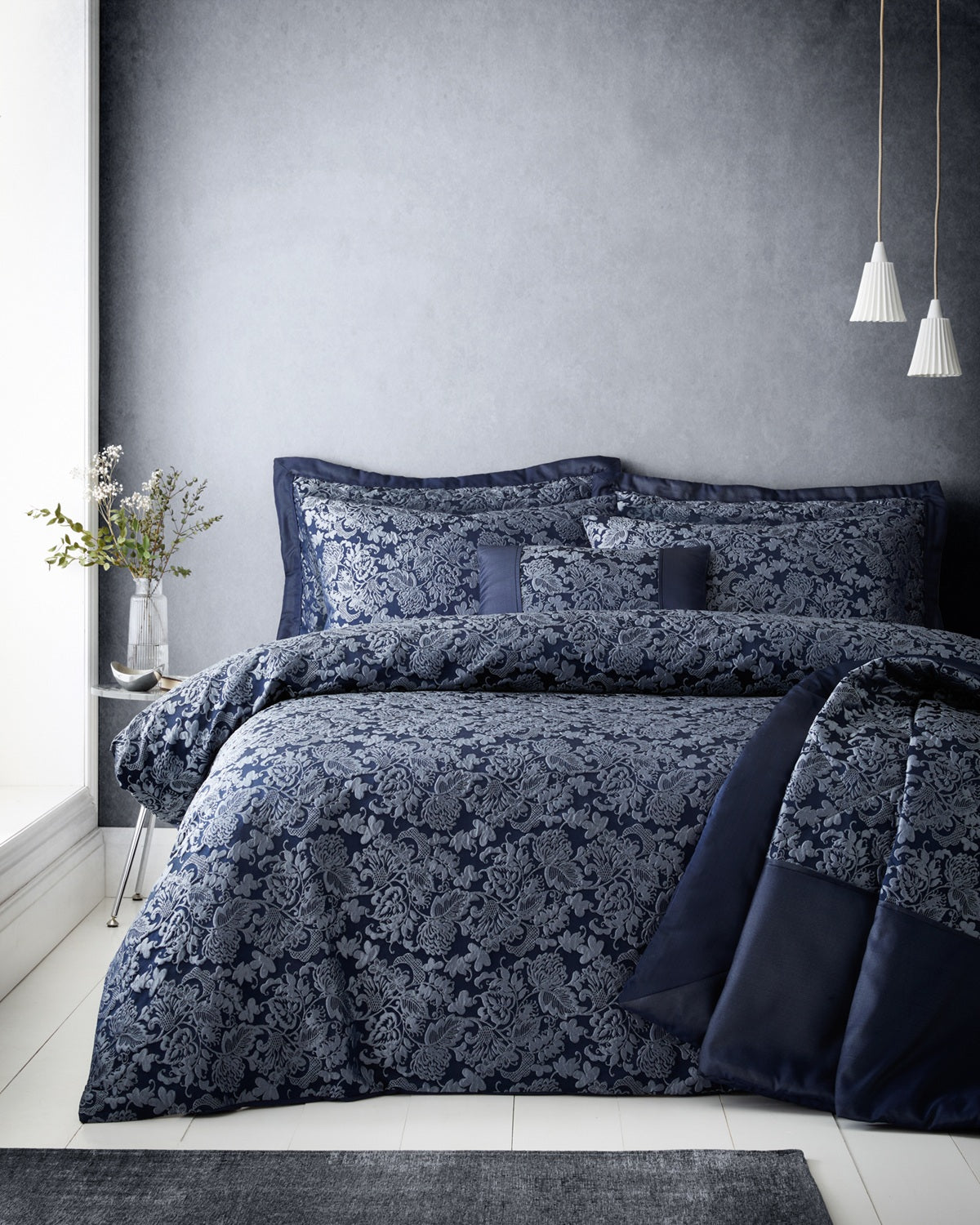 Jacquard Damask Floral Duvet Cover Set, Super King, Navy Blue