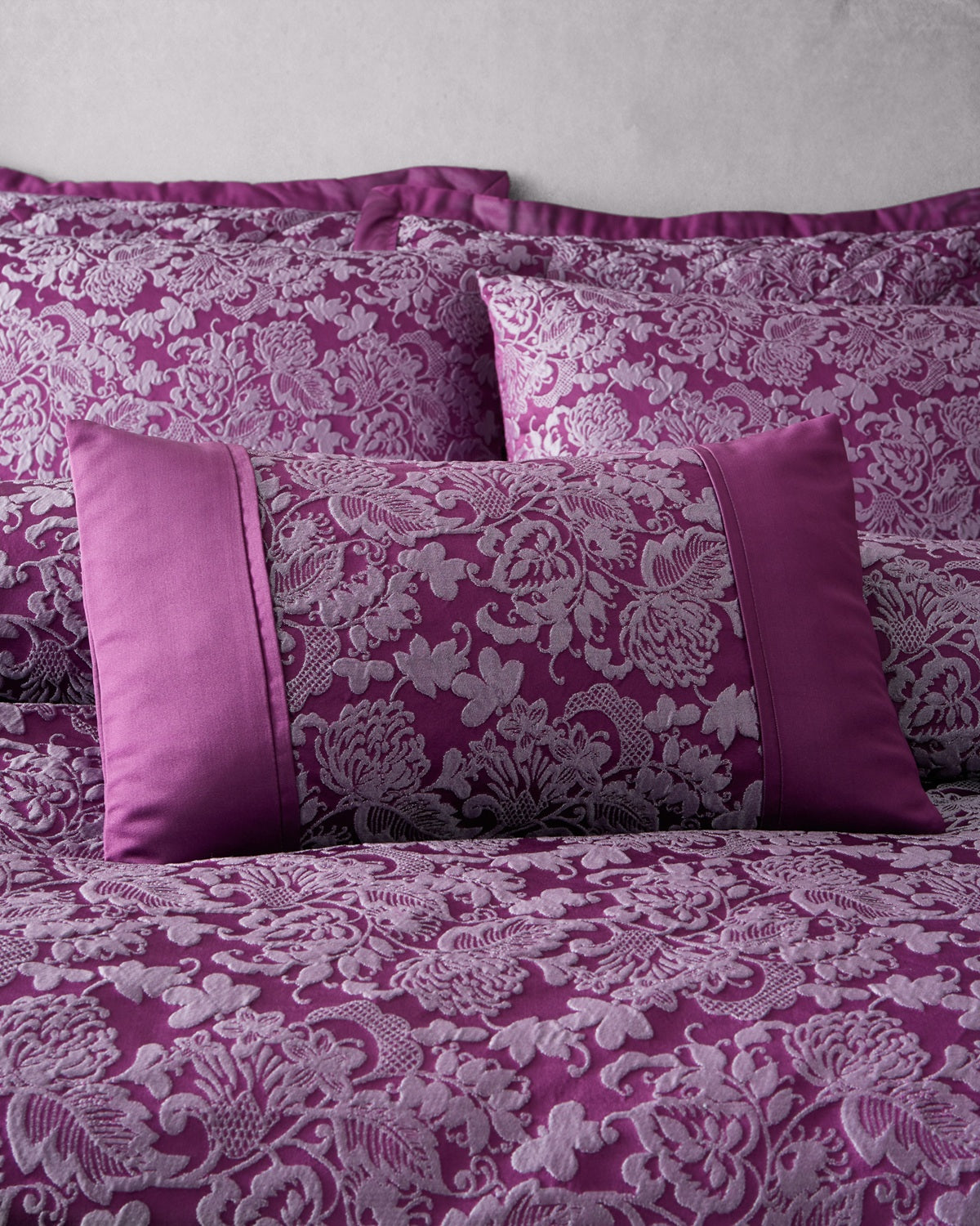 Jacquard Damask Floral Boudoir Filled Bed Cushion, Plum