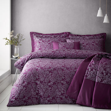 Jacquard Damask Floral Boudoir Filled Bed Cushion, Plum