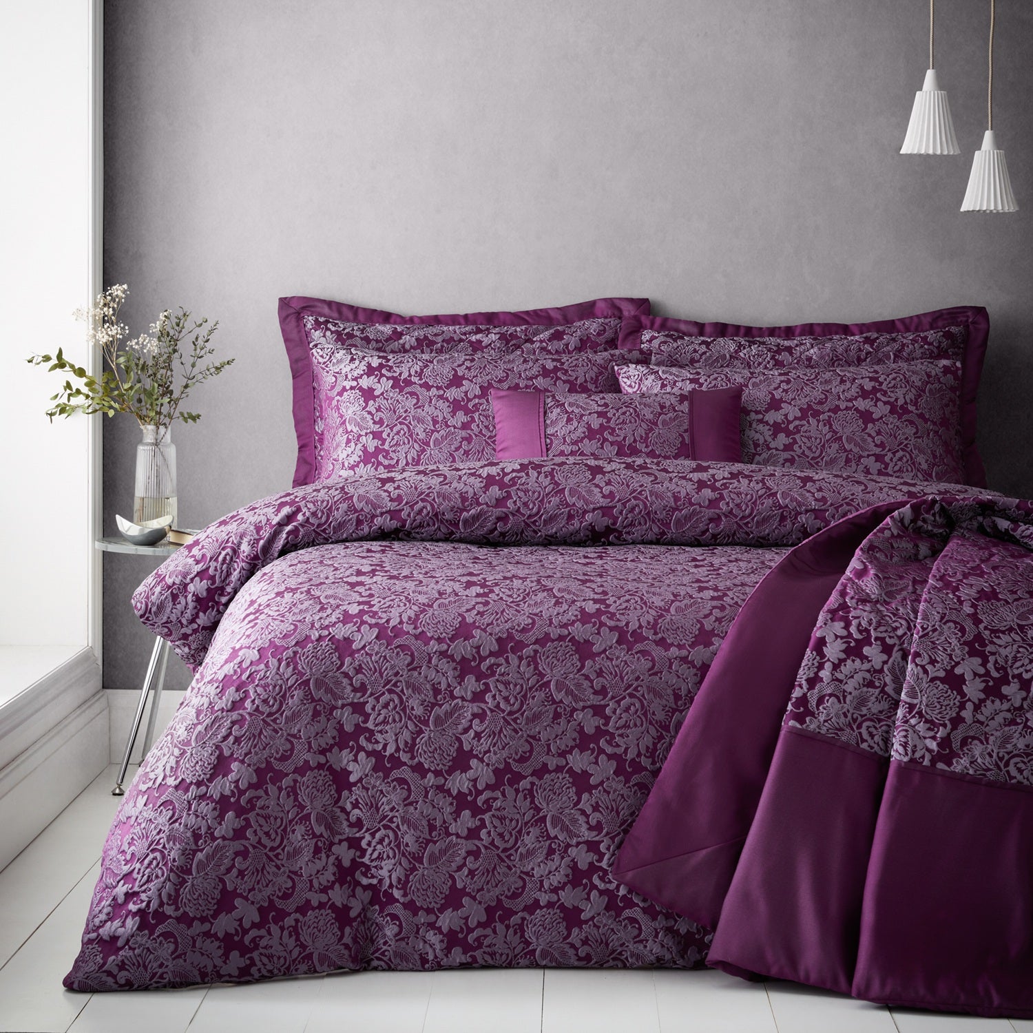 Jacquard Damask Floral Duvet Cover Set, King, Plum