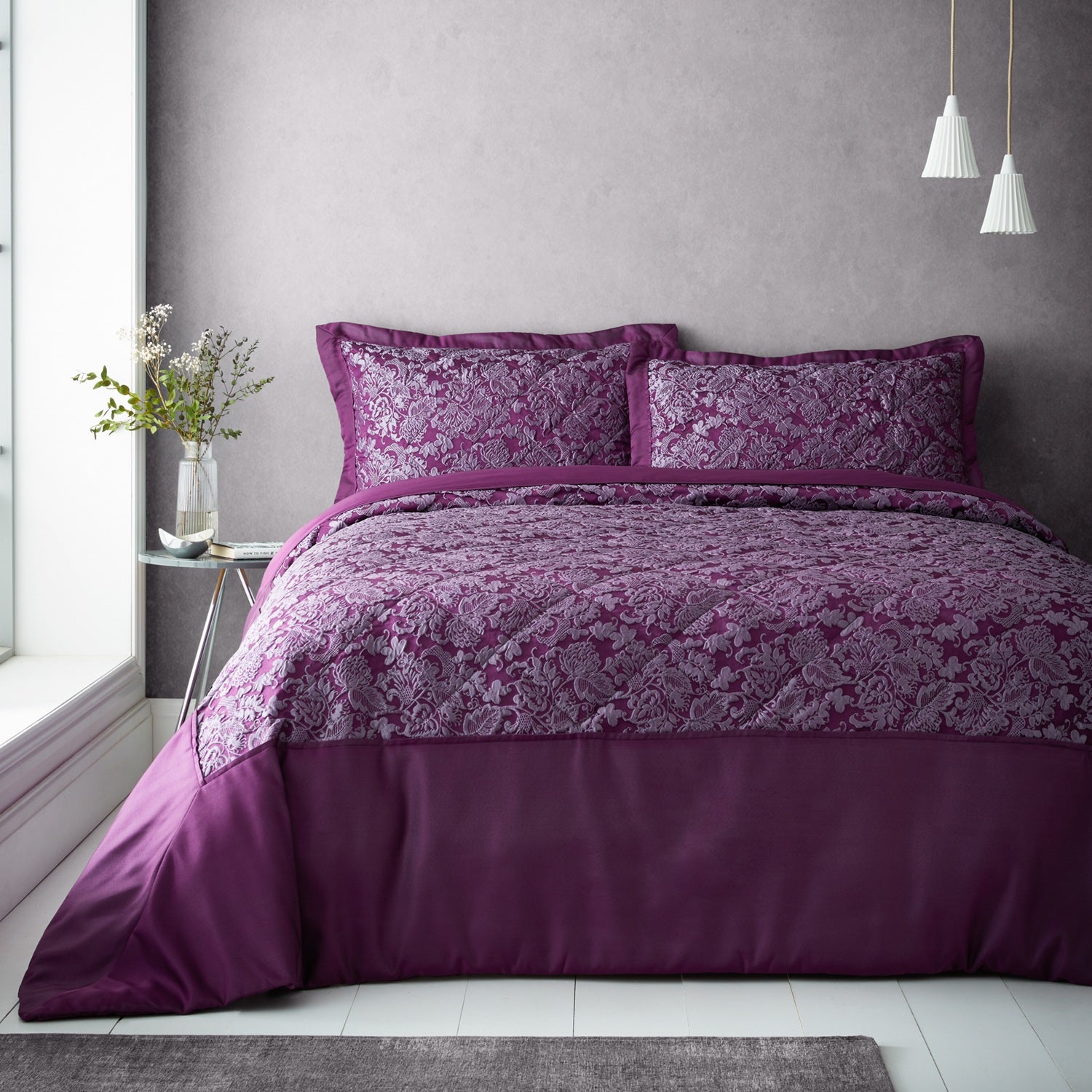 Jacquard Damask Floral Quilted Bedspread + Pillowshams Set Plum