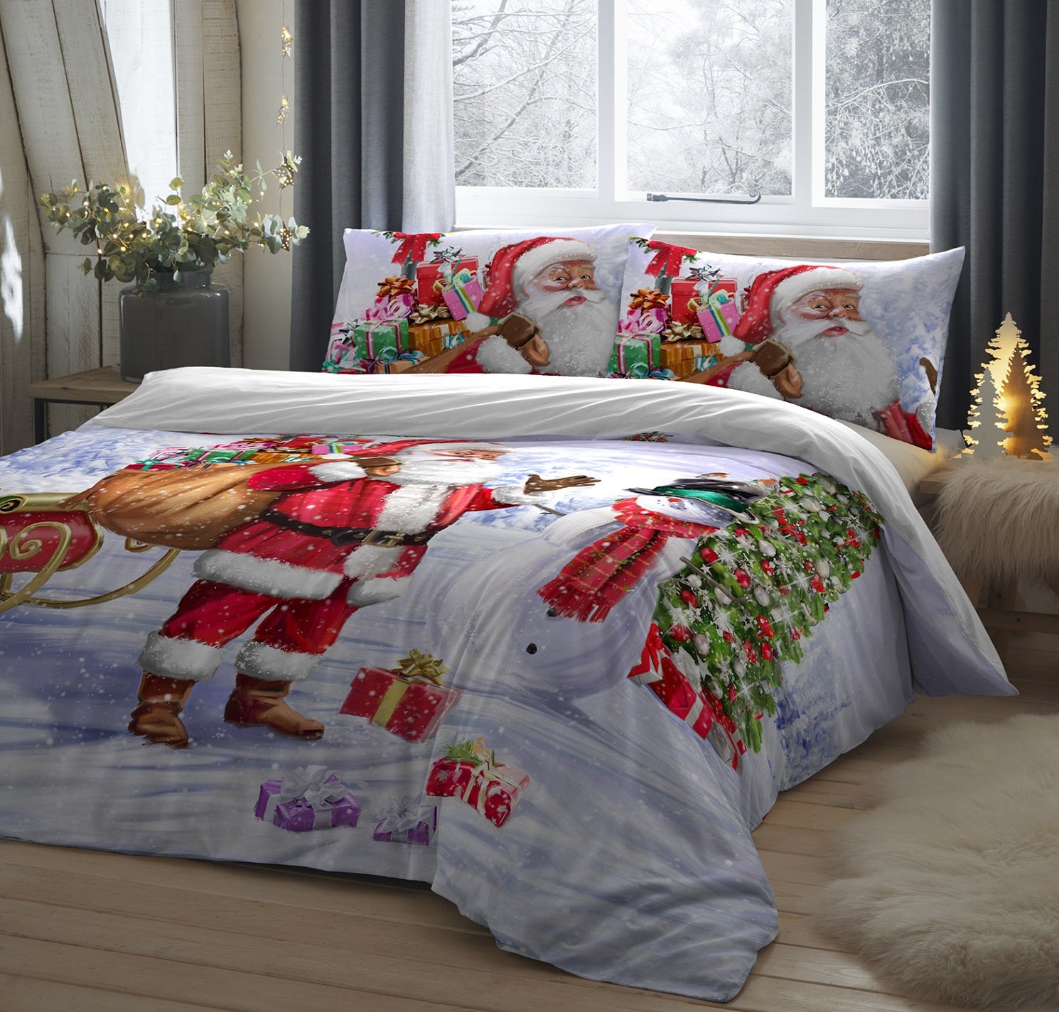 Santa and Snowman Duvet Cover, Single, Red
