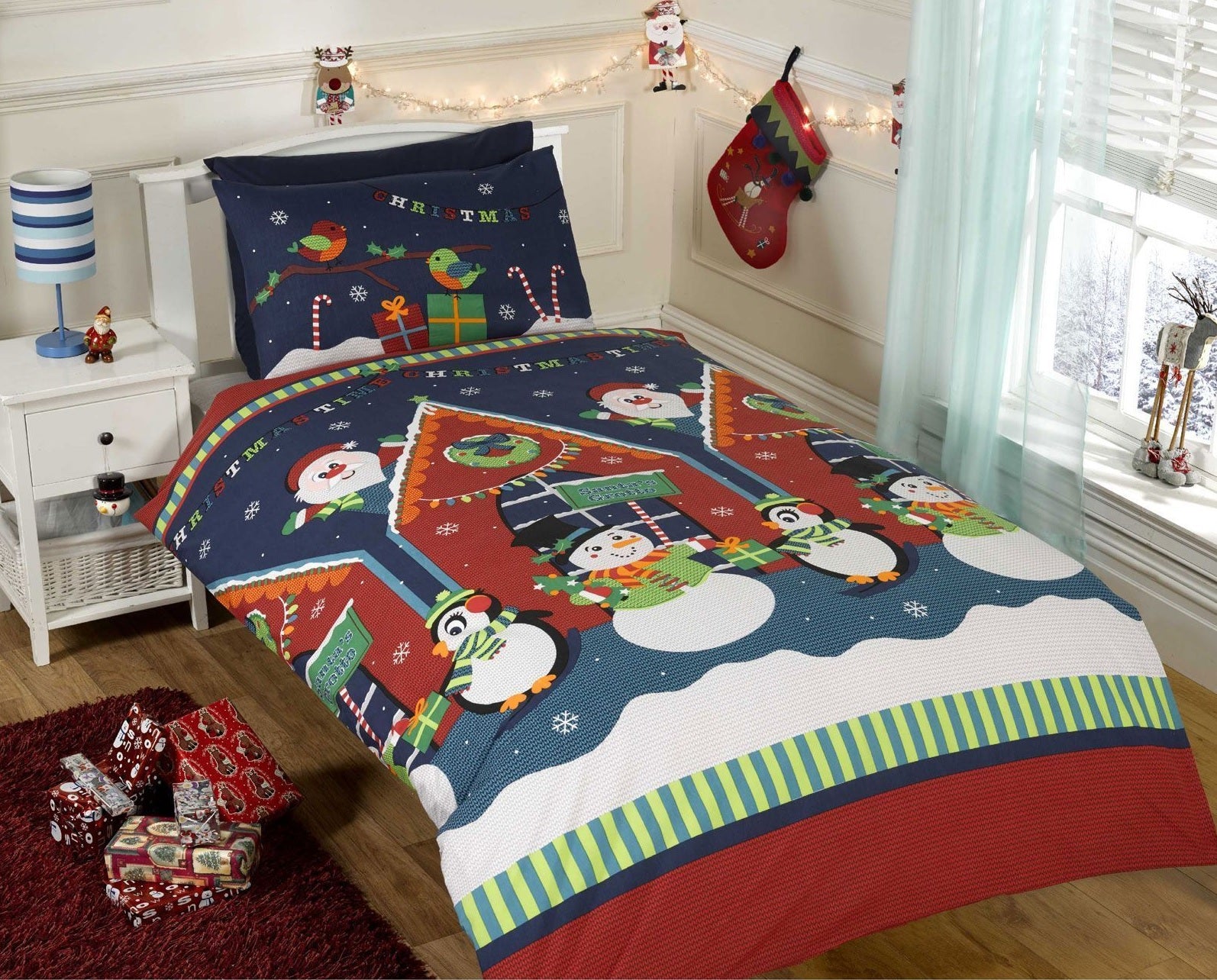 Santa's Grotto Duvet Cover Set Single Navy Blue Red