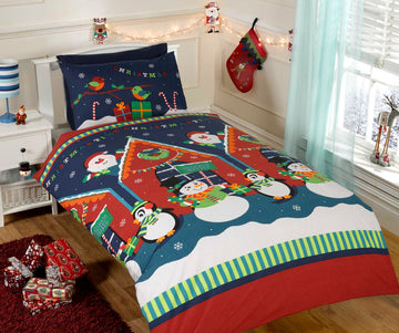 Santa's Grotto Duvet Cover Set Single Navy Blue Red