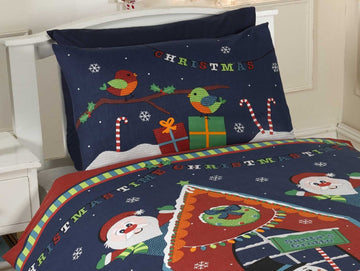 Santa's Grotto Duvet Cover Set Single Navy Blue Red