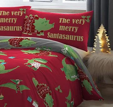 Santasaurus Christmas Duvet Cover Set, Single, Red & Grey