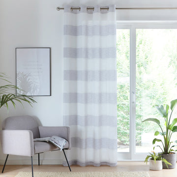 55x90" Grey Santorini Stripes Linen Look Voile Net Curtain