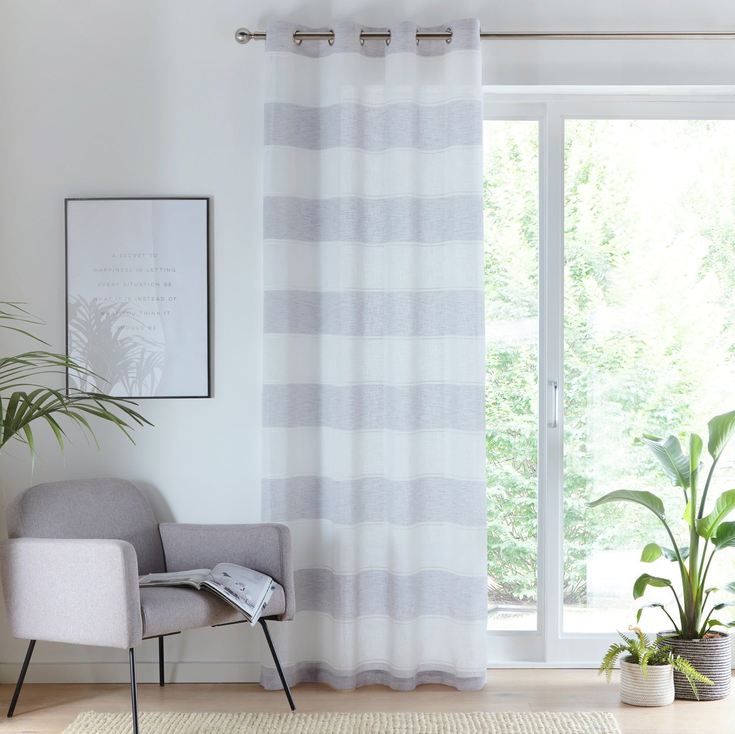 55x90" Grey Santorini Stripes Linen Look Voile Net Curtain