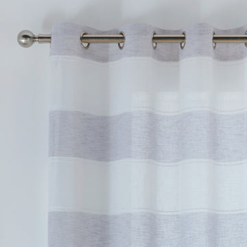 55x90" Grey Santorini Stripes Linen Look Voile Net Curtain