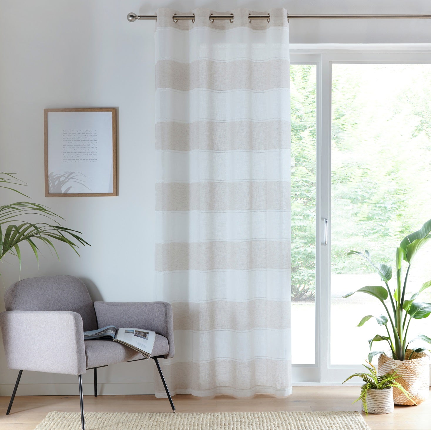 55x90" Natural Santorini Stripes Linen Look Voile Net Curtain
