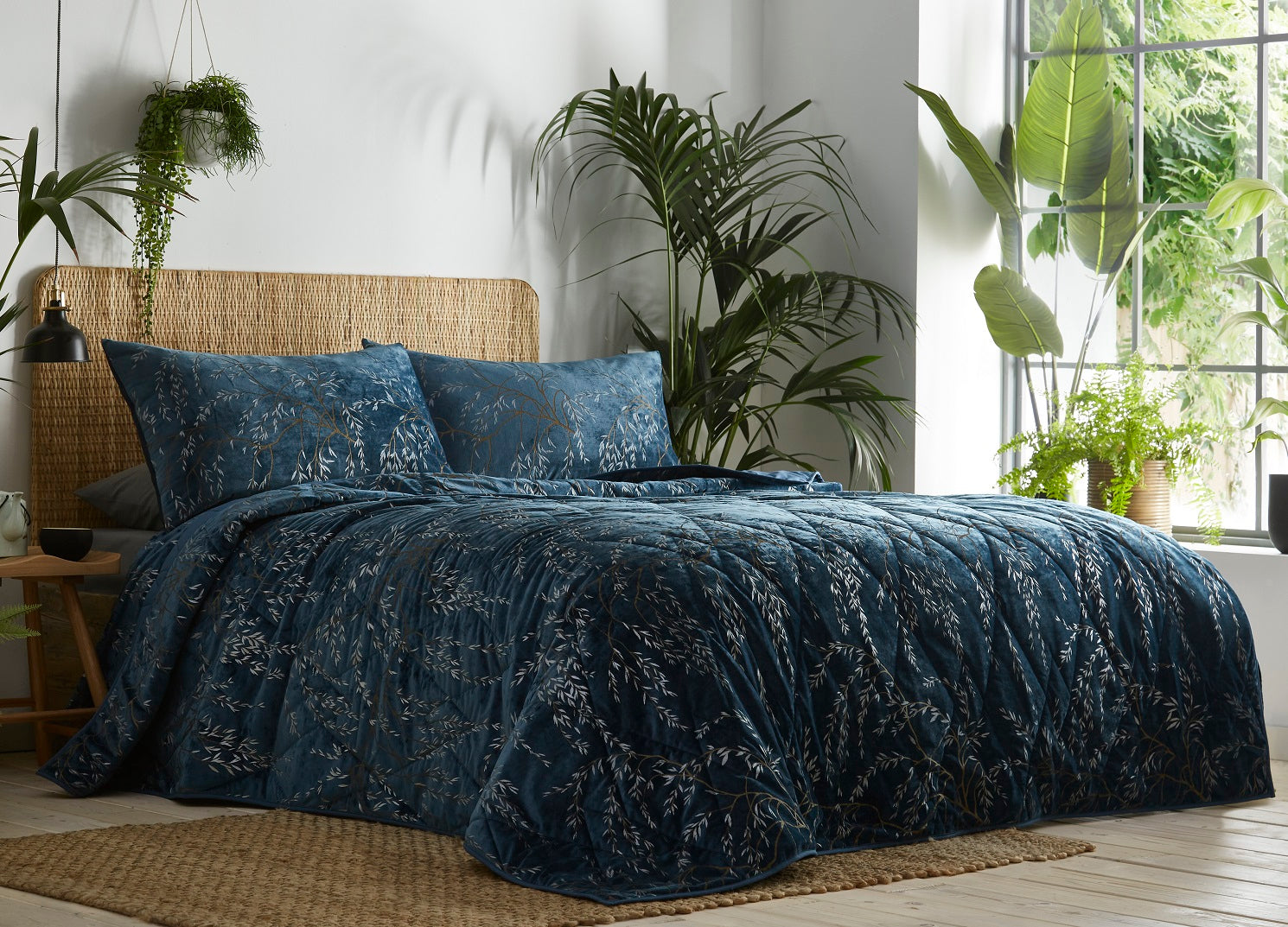 Sapporo Prestige Velvet Willow Leaves Quilted Throwover, Peacock Blue