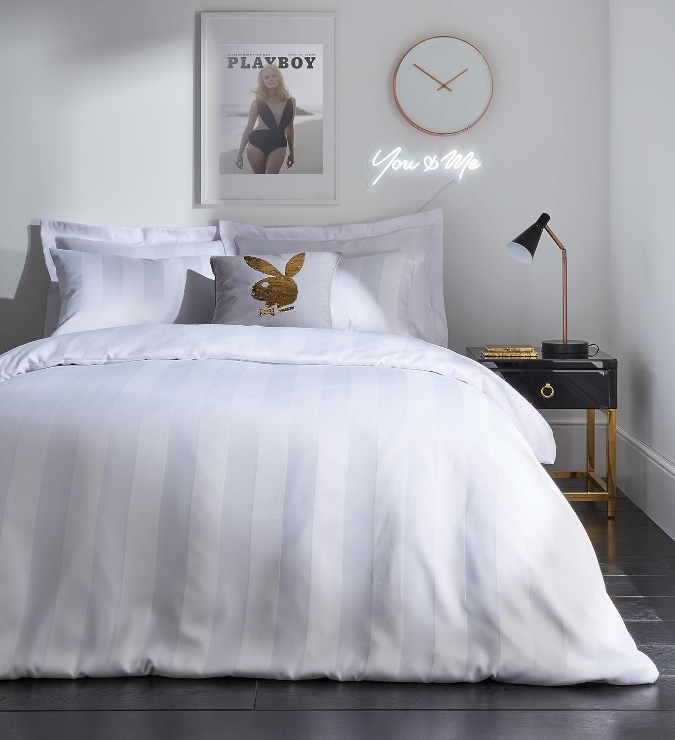 Playboy Silky Soft Satin Stripe Duvet Cover Set, Single, White