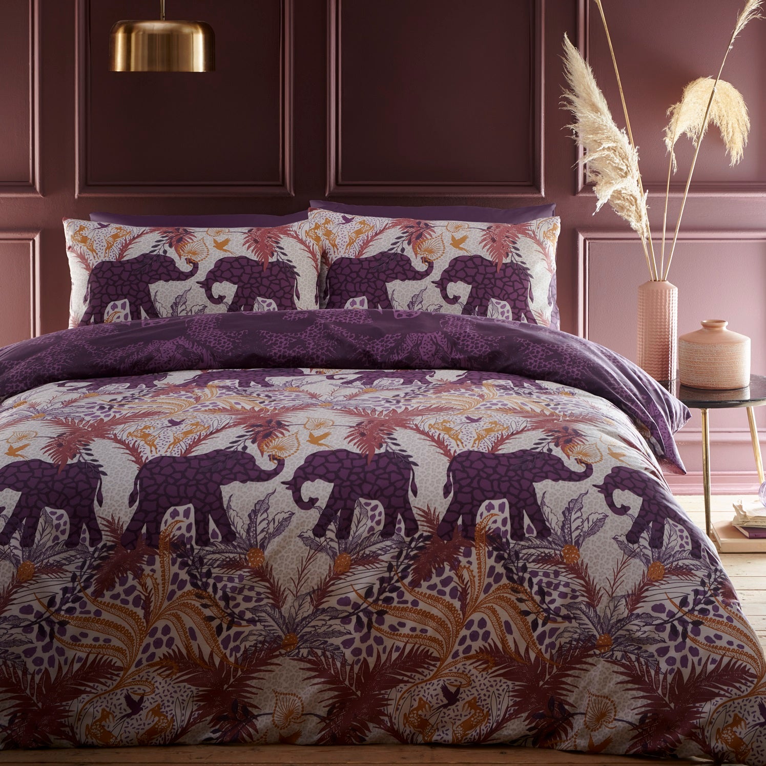 Savannah Tropical Jungle Print Single Duvet Cover Set - Plum & Ochre