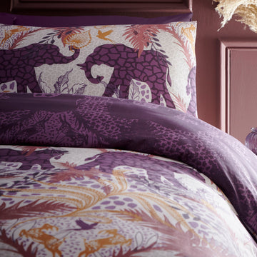 Savannah Tropical Jungle Print Single Duvet Cover Set - Plum & Ochre