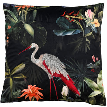 Malini Ophelia Embroidered Velvet Tropical Bird Cushion 45x45cm - Green